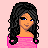 Pixel art of a female character with long black hair, blue eyes, and a pink off-shoulder top, standing against a light pink background with a white heart symbol below.