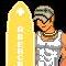 Pixelated image of a person holding a tall yellow object against dark background, wearing white tank top and striped headband.