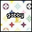 Animated contact sheet of six frames showing a repeating pattern with the text 'gabby' in varying color states over a Louis Vuitton-style monogram background.