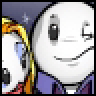 Pixelated static icon of a white cartoon character with large eyes and a smile, holding a yellow curved object against a dark background.