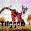 Pixelated red figure in dynamic pose holding a curved object, standing on brown terrain with black text "TUGGER" below.