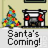 Animated contact sheet of Santa's Coming buddy icon showing sequential frames with Santa emerging from a fireplace, Christmas tree on left, and 'Santa's Coming!' text below each frame.