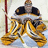 A hockey goalie in yellow and black gear crouches in a goal crease with red goalposts visible, wearing a helmet and mask.
