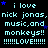 Pixelated cyan text on black background repeats 'i love nick jonas, music, and monkeys!! !!!!!LOVE!!!!!' with blue stars, one gray square in bottom-right corner.