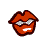 Pixelated red lips icon with white teeth and dark brown outline on gray background, static single-frame image.