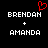 Two identical pixelated text display 'BRENDAN + AMANDA' with a red heart symbol above the left on black background
