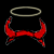 Red and black graphic elements including horns, a halo, and stylized letters J, E, S on a dark background.