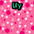 Pixelated icon with pink polka dots, a rainbow flower, and text elements including 'lily', 'H', and '15' on separate sections.