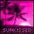 Animated contact sheet of 8 frames showing a pink-hued sunset scene with palm trees and the text "SUNKISSED" at the bottom, arranged in a 3x3 grid with one empty cell.