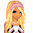 Pixel art character with long blonde hair, pink headband, and chevron-patterned crop top, shown in multiple views with 'blondie' text and star symbol.