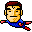 Pixelated character with red hair and blue-and-red outfit in four variations showing different arm positions against gray background.
