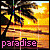 Pixelated tropical beach scene with palm trees silhouetted against a yellow-orange sunset sky, water reflecting light below.