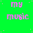 Green background with repeated pink text 'my music' in a pattern, scattered white dots, and one gray square at bottom right