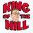 Animated icon featuring 'King of the Hill' text with character cutout, four standing figures in front of orange fence, and red vehicle interior view.
