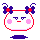 A 3x3 contact sheet of pixel art frames showing a round white character with pink cheeks, red outline, and blue bow hair accessories in various expressions and poses against a gray background.