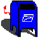 Blue mailbox-shaped icon with white envelope symbol, black top section with two white crescent eyes, red curved arrow on left side, gray background, and shadow.