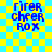 Blue pixelated text 'rirer cheer ROX' on a yellow and light blue checkered background with subtle lines