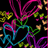 Animated abstract pattern of swirling lines in magenta, cyan, green, and orange against a black background with scattered light patches.