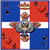 Animated icon shows a four-quadrant flag with blue, white, and red sections; the left side displays a detailed coat of arms while the right side has pixelated flame effects.