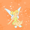 Pixelated fairy character with blonde hair in a bun, light green dress, white wings, and white shoes sits cross-legged on an orange background with white sparkles.