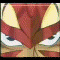 Animated sequence of a red armored anime character with glowing yellow eyes and pink energy effects, transitioning from close-up to full-body pose.