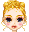 Pixelated cartoon-style female face with blonde braided buns, blue eyes, pink cheeks, and red lips in four vertical of each