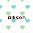 Pixelated image with brown text 'Allison' centered over a white background filled with repeating light blue and green heart shapes.