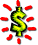 Green dollar sign with black outline surrounded by red radiating shapes on white background.