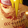 Static pixel art of a character with spiky yellow hair, red eyes, and visible chest tattoos under a headband with a red symbol.