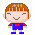 Pixel art character with orange hair, red shirt, blue overalls; left view shows closed eyes and small smile, right view shows open mouth and raised arms.