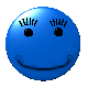 Blue circular icon with black eyes, mouth, and eyelashes; animated sequence shows eye shape changes from open to closed states.