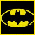 Yellow Batman logo on black background with text fragments 'BATMAN', 'MY HERO!!!' and partial phrases in pixelated style.