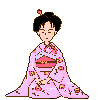 A pixelated figure in a pink kimono with floral patterns performs sequential bowing motions against a gray background.