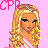 Pixel art icon of a blonde woman with blue eyes wearing a pink sash, holding cotton candy on a stick against a light pink background.