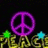 Animated icon with neon purple peace signs above repeating 'PEACE' text, scattered green and blue stars on black background.