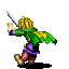 Pixelated character with blonde hair, green cape, purple shorts, and brown boots holds a silver sword in right hand while facing left on gray background.