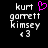 Pixelated text displays 'kurt garrett kimsey' with a pink heart symbol above 'kurt' on the left side of a black background.