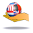 Pixelated icon with red, white, and blue striped sphere resting on yellow curved base against gray background.