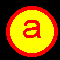 Yellow circular icons with red borders display text 'a', 'de', 'en', and 'uu' in red lowercase letters on black background.