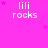 A bright pink background with repeated 'lili rocks' text and small purple stars, featuring a gray rectangular overlay in the bottom-right corner.