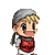 Pixel art character with gray headscarf and red vest performs multiple actions including smiling, holding a brown object, and falling backward.