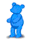 Blue pixelated teddy bear in walking animation sequence with three distinct poses showing arm and leg movement against white background.