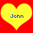 Two yellow hearts on red background with blue text 'John' inside each heart, static image.