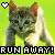 A 2x2 contact sheet of four identical animated frames showing a pixelated cat with orange ears and green eyes against a bright green background, each frame containing text "RUN AWAY!" in black and yellow block letters and a heart symbol in the top-left corner.