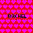 Red background filled with repeating pink heart shapes, four instances of the text 'RACHEL' in black pixelated font positioned across the image.
