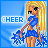 Pixel art contact sheet of a cheerleader character in blue uniform holding pom-poms across six animated frames with consistent background text.