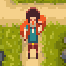 Pixel art character with dark brown hair, red eyes, and a gray beard stands on a sandy path amid green foliage.