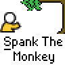 Animated contact sheet showing 13 sequential frames of a pixel art animation featuring a yellow stick figure and brown monkey interacting with green foliage on a gray background, labeled "Spank The Monkey" text below each frame.