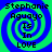 Four identical display a blue and green spiral background with black text reading "Stephanie Aguayo Is In LOVE" in pixelated font