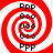 Red and white spiral pattern with black text 'Ppp' at top and bottom, 'Ooo' in middle on each quadrant